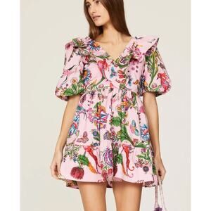 Banjanan Dress Womens Large Pink Scorpio Ruffle Mini Puff Sleeve Garden Party